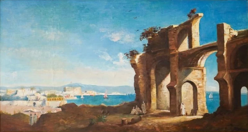 Paesaggio orientale raffigurante uomini tradizionali che fuggono dal caldo all'ombra di un'antica rovina